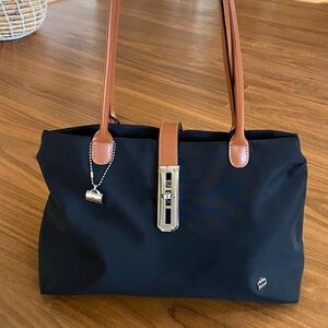 La Bagagerie Black Nylon Tote Brown Handles Zip Shoulder Bag